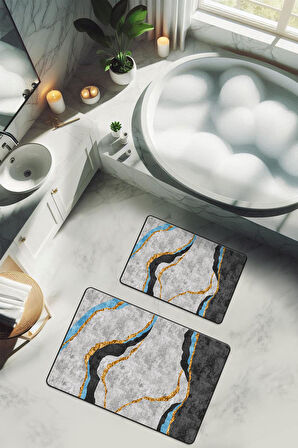 Yıkanabilir Kaymaz Tabanlı Modern Desenli 2'li Banyo Paspas Takımı BPS0006