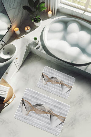 Yıkanabilir Kaymaz Tabanlı Modern Desenli 2'li Banyo Paspas Takımı BPS0013