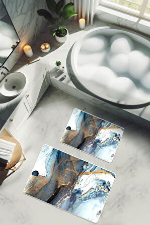 Yıkanabilir Kaymaz Tabanlı Modern Desenli 2'li Banyo Paspas Takımı BPS0016