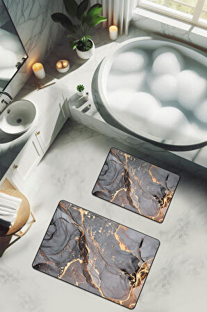 Yıkanabilir Kaymaz Tabanlı Modern Desenli 2'li Banyo Paspas Takımı BPS0019