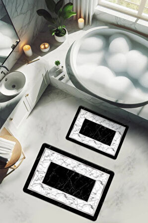 Yıkanabilir Kaymaz Tabanlı Modern Desenli 2'li Banyo Paspas Takımı BPS0021