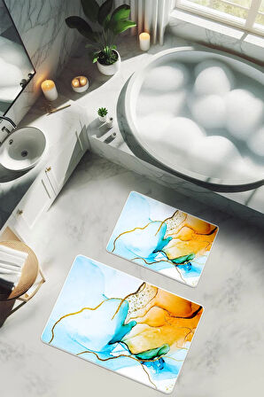 Yıkanabilir Kaymaz Tabanlı Modern Desenli 2'li Banyo Paspas Takımı BPS0023