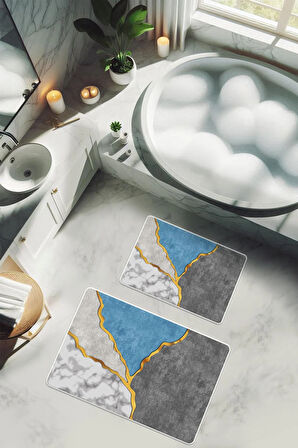 Yıkanabilir Kaymaz Tabanlı Modern Desenli 2'li Banyo Paspas Takımı BPS0025