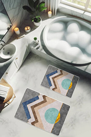 Yıkanabilir Kaymaz Tabanlı Modern Desenli 2'li Banyo Paspas Takımı BPS0031