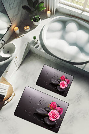 Yıkanabilir Kaymaz Tabanlı Modern Desenli 2'li Banyo Paspas Takımı BPS0033