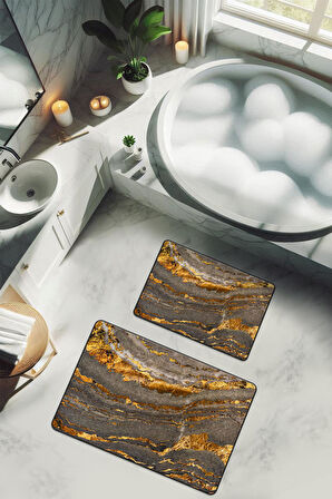 Yıkanabilir Kaymaz Tabanlı Modern Desenli 2'li Banyo Paspas Takımı BPS0036