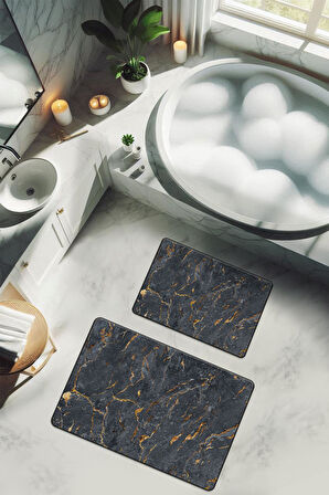 Yıkanabilir Kaymaz Tabanlı Modern Desenli 2'li Banyo Paspas Takımı BPS0037