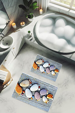 Yıkanabilir Kaymaz Tabanlı Modern Desenli 2'li Banyo Paspas Takımı BPS0038