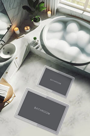 Yıkanabilir Kaymaz Tabanlı Modern Desenli 2'li Banyo Paspas Takımı BPS0041