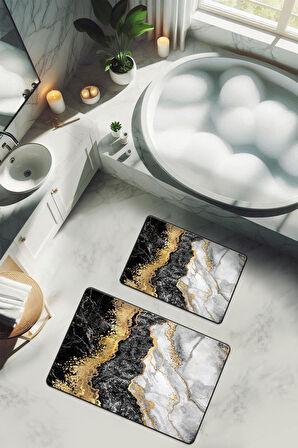 Yıkanabilir Kaymaz Tabanlı Modern Desenli 2'li Banyo Paspas Takımı BPS0042