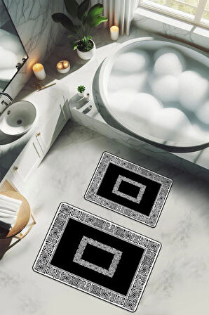 Yıkanabilir Kaymaz Tabanlı Modern Desenli 2'li Banyo Paspas Takımı BPS0043