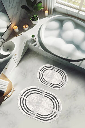 Yıkanabilir Kaymaz Tabanlı Modern Desenli 2'li Banyo Paspas Takımı OBPS0008