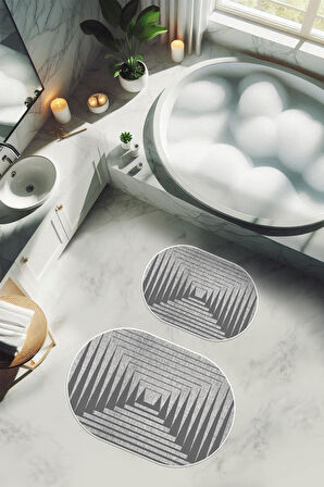 Yıkanabilir Kaymaz Tabanlı Modern Desenli 2'li Banyo Paspas Takımı OBPS0009