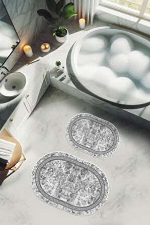 Yıkanabilir Kaymaz Tabanlı Modern Desenli 2'li Banyo Paspas Takımı OBPS0010