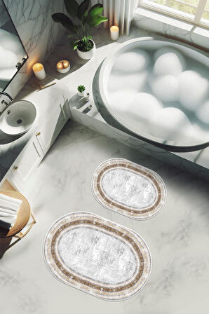 Yıkanabilir Kaymaz Tabanlı Modern Desenli 2'li Banyo Paspas Takımı OBPS0013