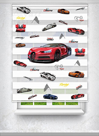 Kırmızı Bugatti Spor Araba Baskılı Perde - Çocuk Odası Perdesi - Baskılı Zebra Perde