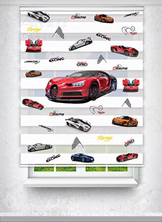 Kırmızı Bugatti Spor Araba Baskılı Perde - Çocuk Odası Perdesi - Baskılı Zebra Perde