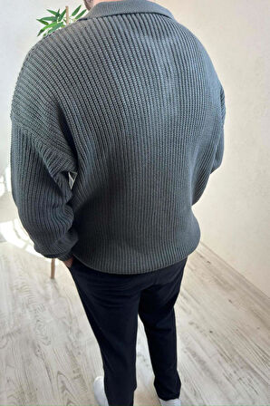 Erkek Gri Fermuarlı Polo Yaka Oversize Triko Kazak