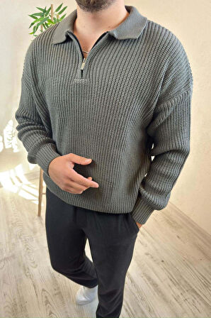 Erkek Gri Fermuarlı Polo Yaka Oversize Triko Kazak