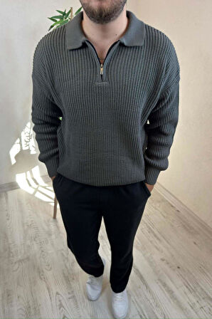 Erkek Gri Fermuarlı Polo Yaka Oversize Triko Kazak