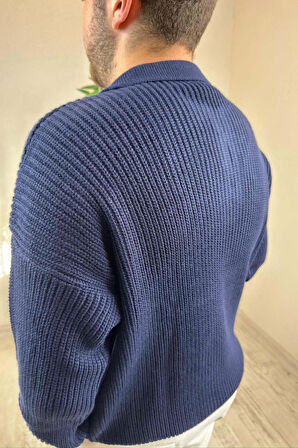 Erkek Lacivert Fermuarlı Polo Yaka Oversize Triko Kazak