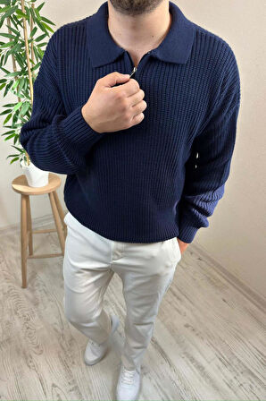 Erkek Lacivert Fermuarlı Polo Yaka Oversize Triko Kazak