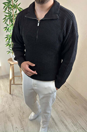 Erkek Siyah Fermuarlı Oversize Triko Kazak