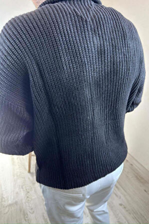 Erkek Siyah Fermuarlı Oversize Triko Kazak