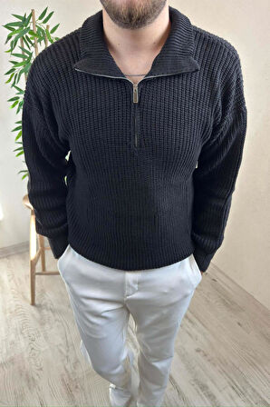 Erkek Siyah Fermuarlı Oversize Triko Kazak