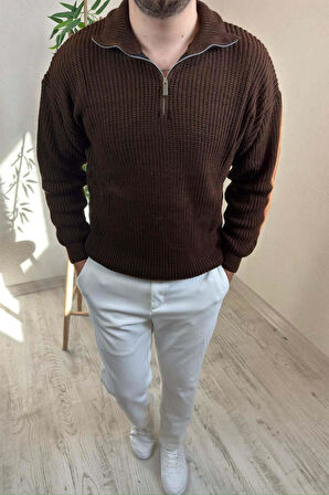 Erkek Kahve Fermuarlı Oversize Triko Kazak