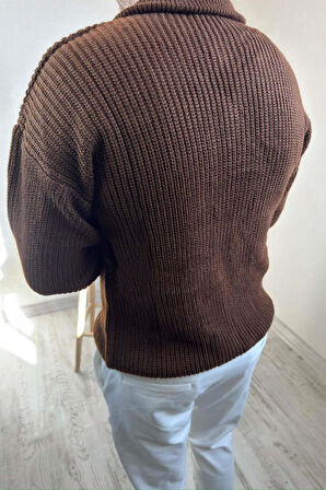 Erkek Kahve Fermuarlı Oversize Triko Kazak