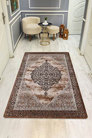 Parlak Kadife Kumaş Dijital Baskı Klasik Desenli Dot Kaymaz Tabanlı Halı H0086