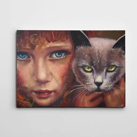 Kedi ve Kız Reprodüksiyon Kanvas Tablo