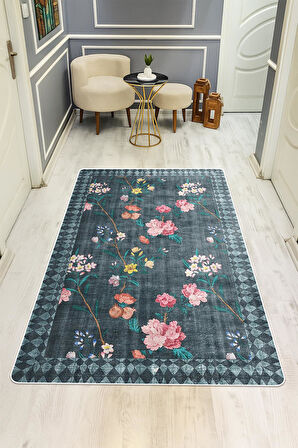 Parlak Kadife Kumaş Dijital Baskı Vintage Desenli Dot Kaymaz Tabanlı Halı H0019