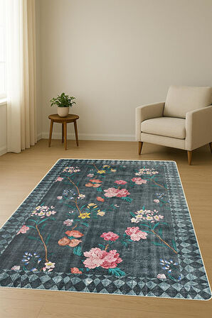 Parlak Kadife Kumaş Dijital Baskı Vintage Desenli Dot Kaymaz Tabanlı Halı H0019