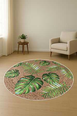  Yuvarlak Dijital Baskı Yaprak Hasır Görünümlü Modern Kaymaz Tabanlı Halı H0316