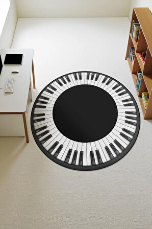 Piano Desenli Yuvarlak Dijital Baskı Kaymaz Tabanlı Halı H0333