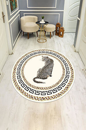 Leopar Modern Desenli Yuvarlak Dijital Baskı Kaymaz Tabanlı Halı H0335