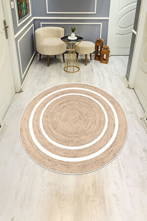 Çerçeveli Hasır Görünümlü Yuvarlak Dijital Baskı Kaymaz Tabanlı Halı H0837