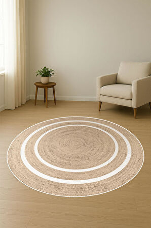 Çerçeveli Hasır Görünümlü Yuvarlak Dijital Baskı Kaymaz Tabanlı Halı H0837