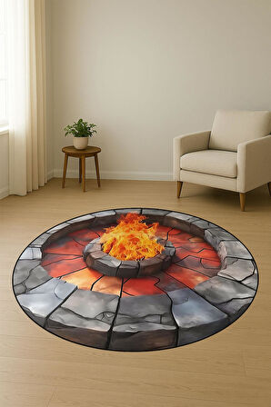 Ateş Çukuru Desenli Yuvarlak Dijital Baskı Kaymaz Tabanlı Halı H0868