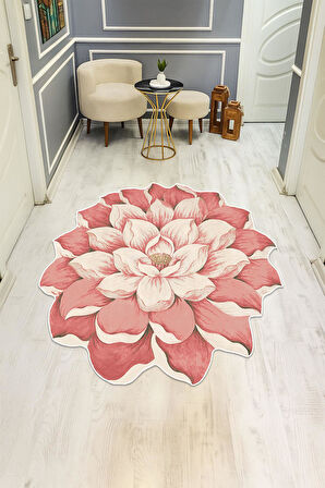Pembe Lazer Çiçek Desenli Dijital Baskı Kaymaz Tabanlı Halı H0432