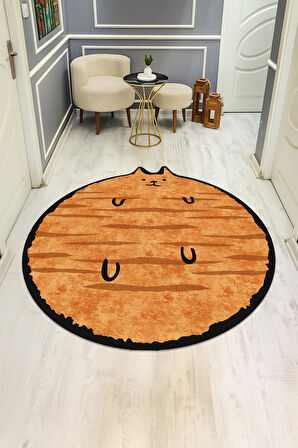 Kedi Desenli Yuvarlak Dijital Baskı Kaymaz Tabanlı Halı H0394