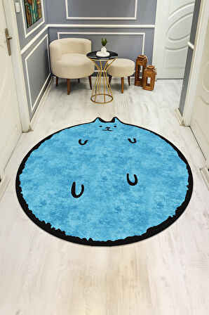 Kedi Desenli Yuvarlak Dijital Baskı Kaymaz Tabanlı Halı H0395