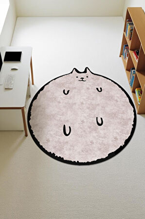 Kedi Desenli Yuvarlak Dijital Baskı Kaymaz Tabanlı Halı H0396