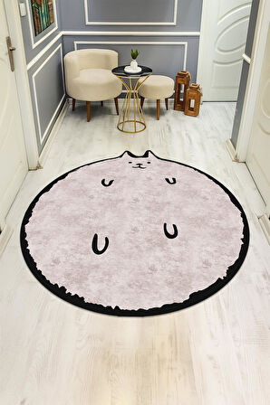 Kedi Desenli Yuvarlak Dijital Baskı Kaymaz Tabanlı Halı H0396