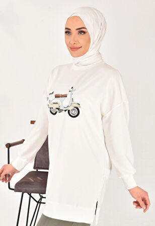 Puane İki İplik Kumaş Scooter Nakış Detaylı Tesettür Sweatshirt