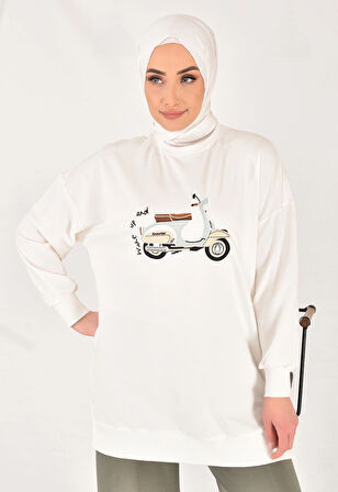 Puane İki İplik Kumaş Scooter Nakış Detaylı Tesettür Sweatshirt