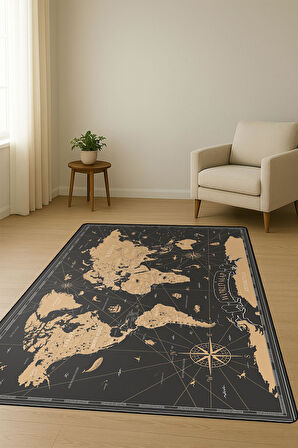 Harita Desenli Dijital Baskı Kaymaz Taban Halı H0695