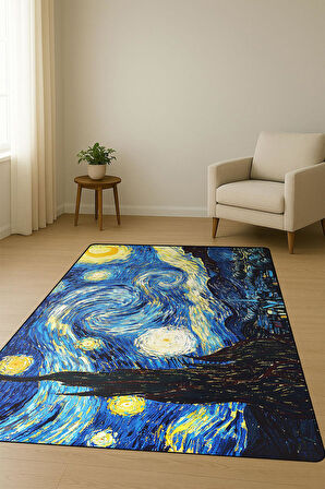 Yıldızlı Gece Dijital Baskı Kaymaz Taban Halı H0295